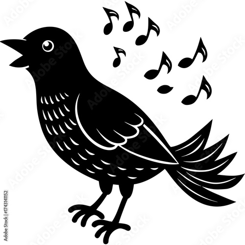 Cheerful songbird sings sweet melodies with musical notes overhead