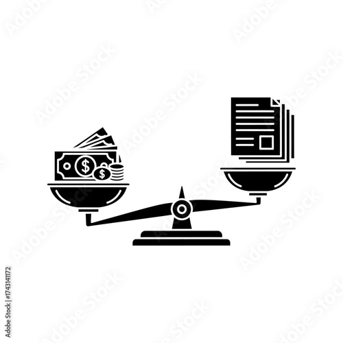 Money and documents balancing on scales representing financial equilibrium and importance in business matters, conveying a sense of stability and fairness.
