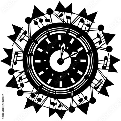 Creative time concept with musical notes, modern clock strikes the hour