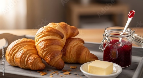 Golden Croissants with Red Jam and Butter on a Wooden Tray