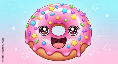 Cute Cartoon Donut with Pink Frosting and Sprinkles on Pastel Background