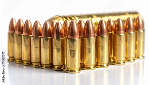 Describe a single bullet cartridge with brass casing and copper-colored tip, standing upright on a white background. Highlight its full metal jacket design and relevance to firearms and ballistics.