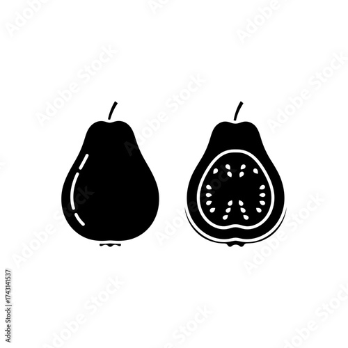 Guava fruit cut in half showing seeds, isolated on white, simple black and white design for healthy food concept.