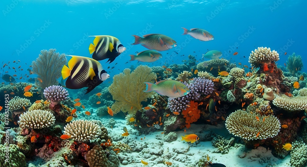 Naklejka premium Colorful Reef Fish Swimming Over Vibrant Coral Reef Underwater