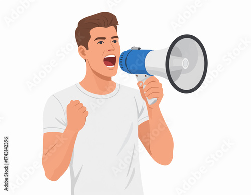 Excited man shouting into a megaphone, announcing news or making a declaration with enthusiasm and a clenched fist for emphasis