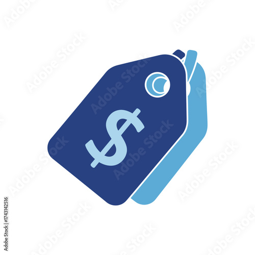 Blue price tag displaying dollar sign representing cost of goods for sale in retail store, symbolizing commerce and consumerism.