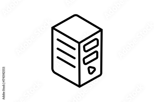 The image shows an isometric line illustration of a computer server or CPU tower.
