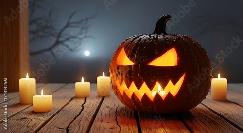 Carved Pumpkin Glowing on Wood Planks with Candles in Night Scene
