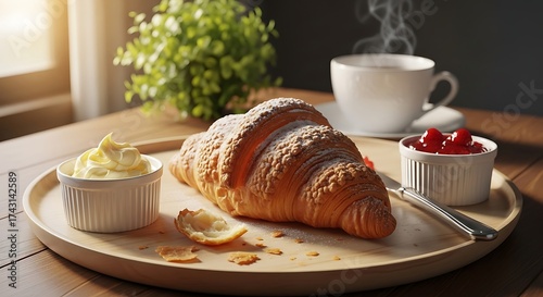 Golden Croissant with Butter, Jam, and Hot Coffee on Round Wooden Tray