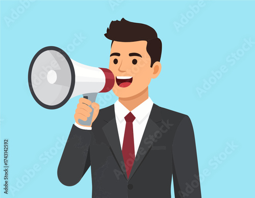 Dynamic cartoon businessman in a sharp suit using a megaphone to deliver a powerful message, symbolizing effective communication, marketing outreach, and public announcement