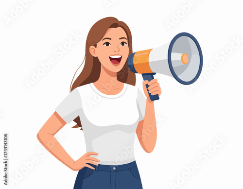 Confident young woman cheerfully broadcasting an important message through a megaphone, actively engaging in communication and spreading news with enthusiasm and a positive attitude