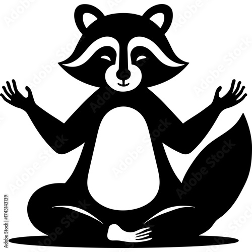 Raccoon sits in a meditative pose with its paws raised up. Engraving minimalistic vector in black ink drawing on transparent background