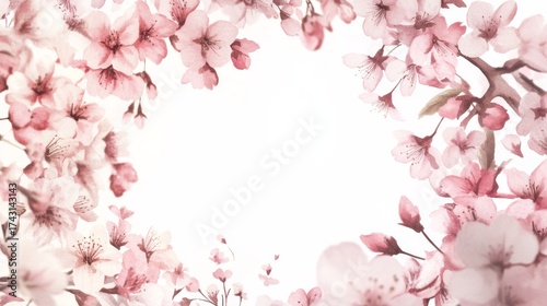 7.A delicate hand-drawn watercolor sakura wreath, with soft pink cherry blossoms and light green leaves forming a perfect round frame, beautifully detailed and set against a white background for a