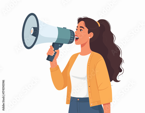 Expressive young woman shouting into a megaphone, making a loud announcement for a sale, protest, or important news. Vector illustration