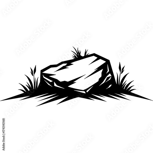 Sketchy emblem of boulder stone on top of a mountain hill. Engraving minimalistic vector in black ink drawing on transparent background