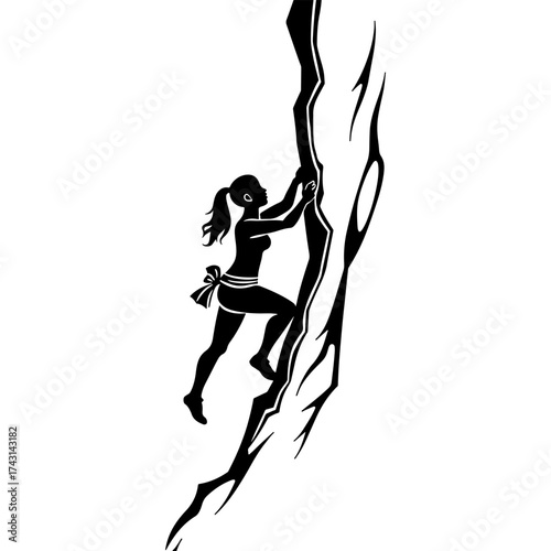 Sketchy emblem of female climber climbing up a mountain slope view from above. Engraving minimalistic vector in black ink drawing on transparent background