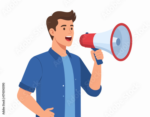 Expressive Man Announcing News with Megaphone Illustration on White Background