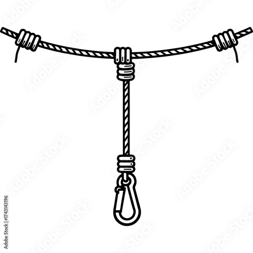 Sketchy emblem of carabiner for belaying on the Mountain Rope Road. Engraving minimalistic vector in black ink drawing on transparent background