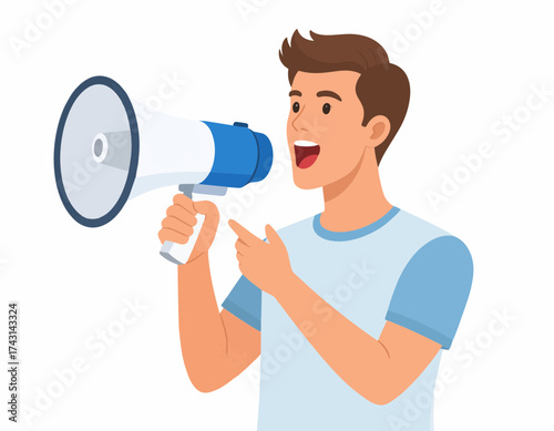 Enthusiastic Man Speaking into Megaphone with Optimism to Announce Exciting News or Share Message
