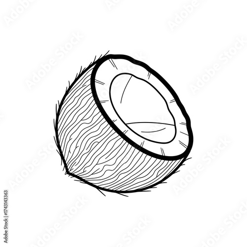 Coconut half displays its white flesh against a clean white backdrop, showcasing simplicity and natural beauty.