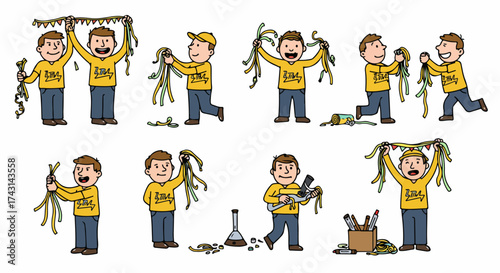 Man experimenting with rope and tools in a series of steps