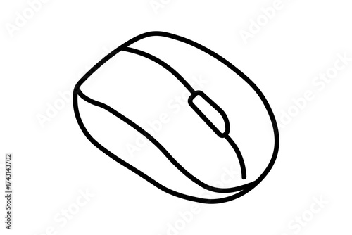 The image depicts a simple black-and-white line illustration of a computer mouse. The design shows a smooth, rounded shape with a scroll wheel and a dividing line separating the left and right buttons