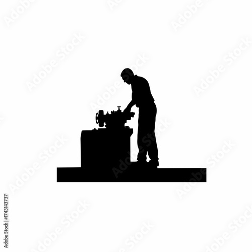 Machinist calibrating digital lathe machine silhouette isolated on white background