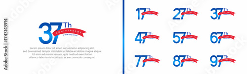 set of anniversary logo style red ribbon. vector design blue color for celebration