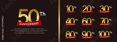 set of anniversary logo style red ribbon. vector design golden color for celebration
