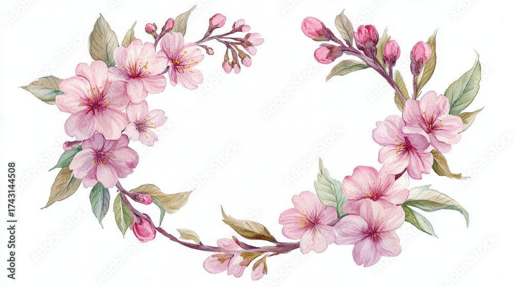 Obraz premium 5.A round watercolor frame of blooming cherry tree branches, with vibrant pink sakura flowers and soft green leaves, hand-drawn in fine detail on a crisp white background, evoking a serene and