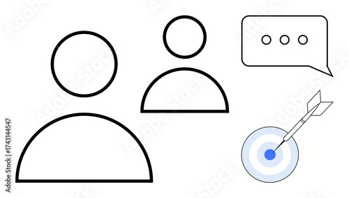 Two outlined user figures, a chat bubble with dots, and a target with an arrow. Ideal for teamwork, communication, goal-setting, planning, strategy, leadership and business processes in a simple