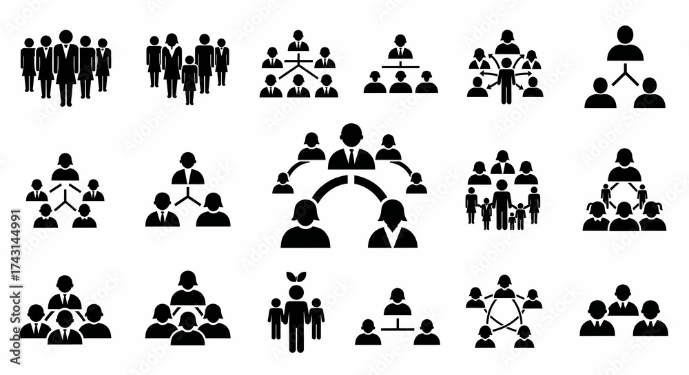 Fototapeta premium Set of black and white icons representing organizational charts and team structures