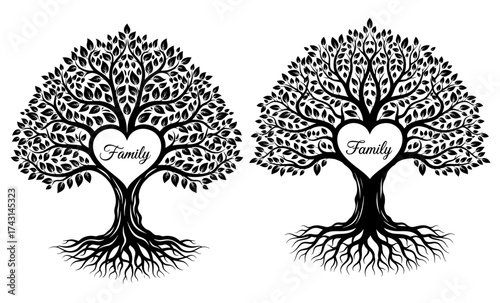 Vector art of two family trees with heartshaped centers and the word family, symbolizing love and connection