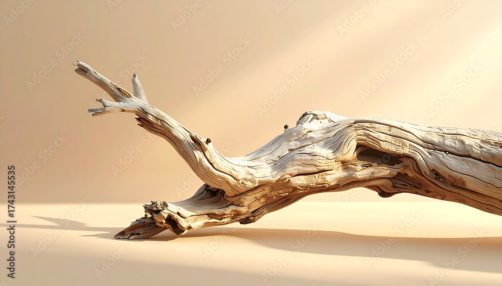 Fototapeta premium Driftwood sculpture casts soft shadows, enhancing serene modern interior spaces with organic coastal elements