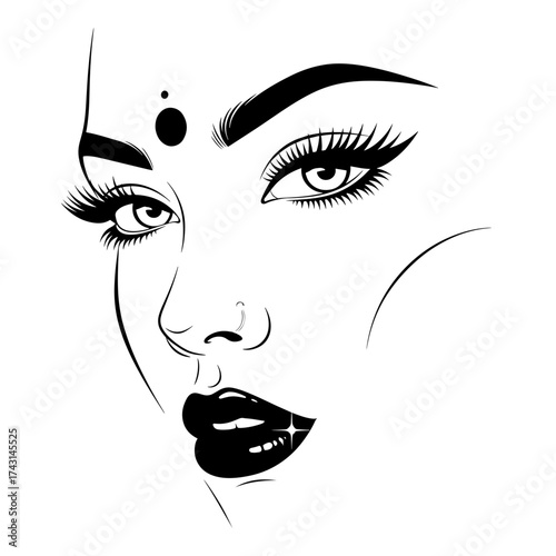 Vector art of a captivating closeup of a womans face with bold makeup, showcasing her striking features