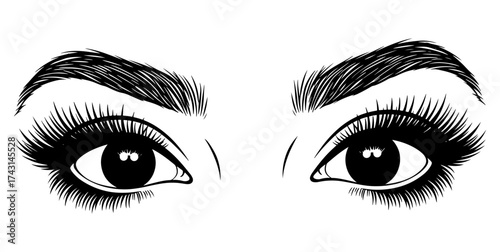 Vector art of elegant eye illustration with thick lashes and arched eyebrows, conveying glamour and sophistication
