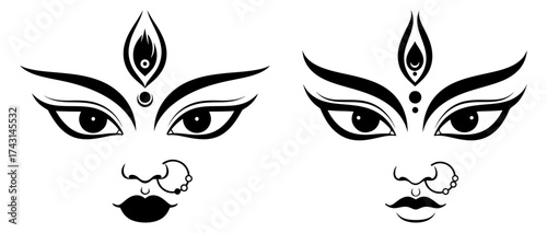Vector art of durga maa face illustration, depicting traditional hindu goddess with intricate details and symbolism