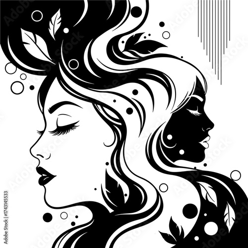 Vector art of a dualfaced woman with flowing hair, embodying the concept of duality and inner reflection