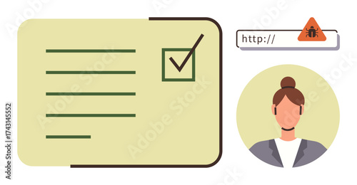 Checklist next to a user profile and malware alert in a URL bar. Ideal for cybersecurity, online safety, data protection, threat warning, risk management, digital identity, and flat infographics