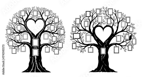 Vector art of two family trees with heartshaped centers and photo frames, symbolizing love, heritage, and connection