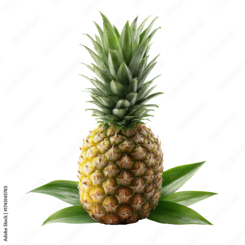 Fototapeta premium Golden Pineapple: The image showcases a single, ripe pineapple, a tropical fruit, with its spiky, textured rind and vibrant green crown of leaves, conveying freshness and natural goodness.
