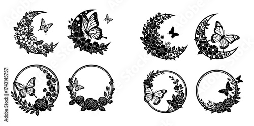 Vector art of collection of black and white floral moon and circle butterfly designs for logo or tattoo