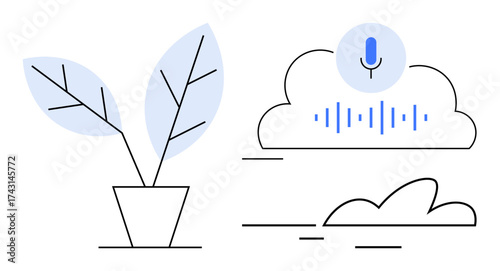 Plant pot beside cloud with microphone and audio waveform. Ideal for technology, innovation, nature, sustainability, growth, digital communication, eco-friendly. Simple flat metaphor