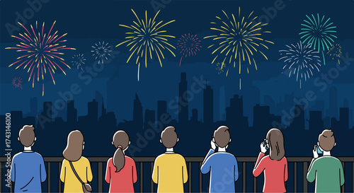 Fireworks over city skyline with people watching
