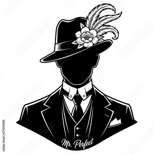 Vector art of silhouette of a man in a suit and hat with feather, a mysterious and elegant figure
