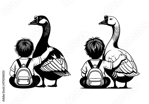 Vector art of two geese and a boy with a backpack are sitting next to each other hand drawn vector illustration