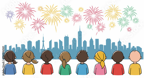 People watching fireworks over city skyline