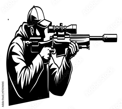 Vector art of a sniper with a rifle, wearing a cap, aiming at a target, ready to shoot in a war or hunting