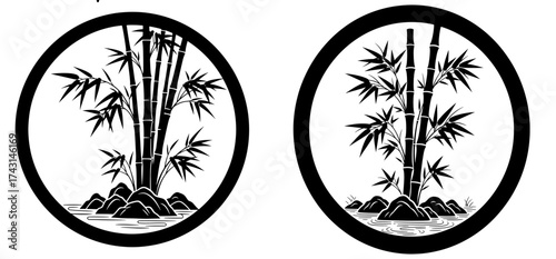 Vector art of two bamboo tree illustrations in a circle, , showcasing natures beauty and artistic design