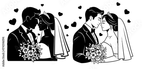 Vector art of two wedding couple illustrations, , depicting love, commitment, and the beauty of a special day